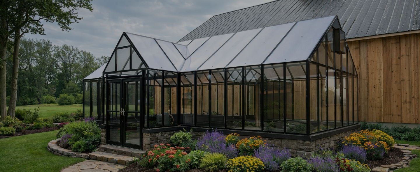 Custom built residential greenhouse with glass panels set in a landscaped garden