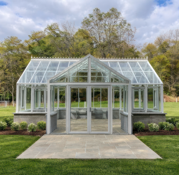 Arcadia GlassHouse Series freestanding greenhouse installed in a residential garden
