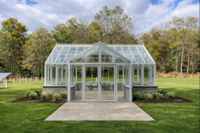 Arcadia GlassHouse Series freestanding greenhouse installed in a residential garden