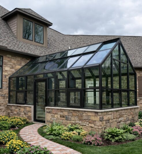 Sierra Series four-season greenhouse with double-pane glass attached to a home