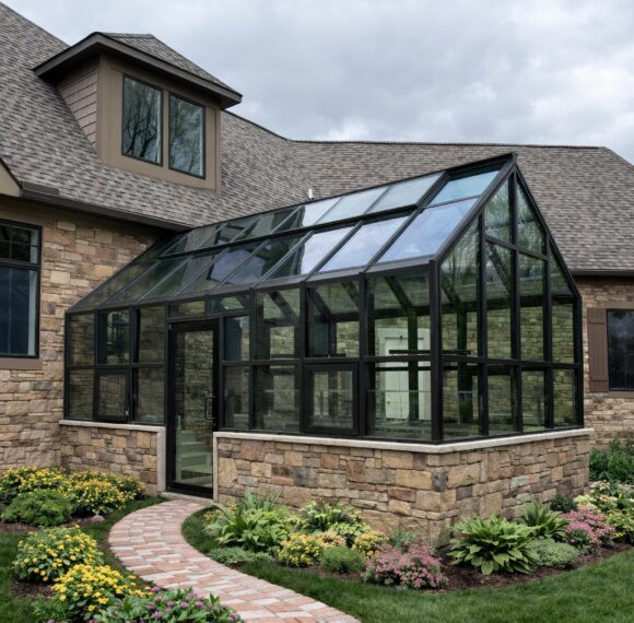 Sierra Series four-season greenhouse with double-pane glass attached to a home