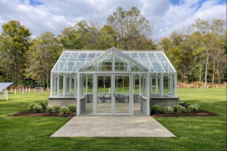 Arcadia GlassHouse Series freestanding greenhouse installed in a residential garden