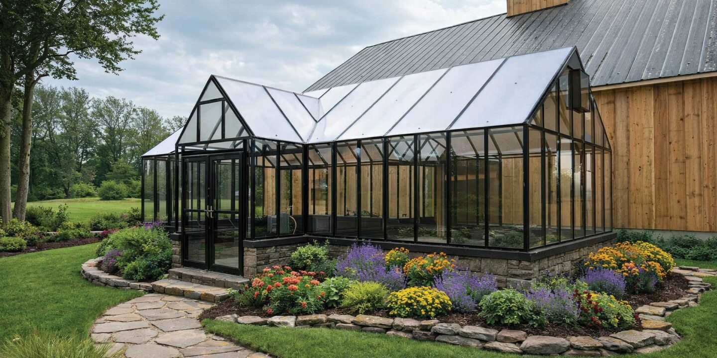 Custom glass greenhouse with black aluminum framing beside a wood barn and garden